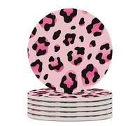 6PCS Pink Leopard Coasters Non-Slip Round Drink Coasters with Ceramic Stone and Cork Base, Heat Resistant Absorbent 33.00Stone Coaster Set for Kinds of Mugs and Cups, 4 Inch