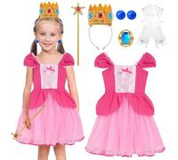 6Pcs Pink Peach Princess Costume for Girls, Pink Princess Peach Fancy Dress Super Bros Princess Dress with Crown Headband Gloves Earrings Ring Wand for Cosplay Birthday Party World Book Day Carnival