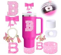 6PCS Pink Stanley Cup Accessories Set, Initials Decorations for Stanley Cup 30oz 40oz, Includes Bow Straw Topper, Handle Charm, Letter Sticker, Silicone Boot, Spill Proof Stopper (Letter B)