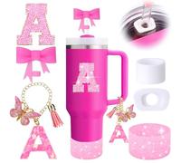 6PCS Pink Stanley Cup Accessories Set, Initials Decorations for Stanley Cup 30oz 40oz, Includes Bow Straw Topper, Handle Charm, Letter Sticker, Silicone Boot, Spill Proof Stopper (Letter A)