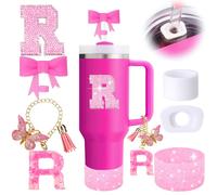 6PCS Pink Stanley Cup Accessories Set Initials Decorations for Stanley Cup 30oz 40oz Includes Bow Straw Topper Handle Charm Letter Sticker Silico