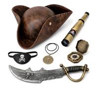 6Pcs Pirate Costume Accessories Set, Brown Pirate Hat with Accessories Set | Pirate Hat, Telescope, Tool, Eye Patch, Necklace, Compass; Suitable for Pirate Costume for Halloween and Themed Parties