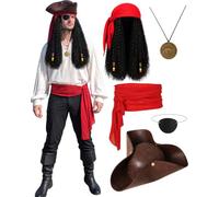 6pcs Pirate Hat Mens Pirate Costume Accessories Set for Adults Halloween | Vintage Brown Faux Leather Tricorn Hat,Dreadlocks Wig,Red Bandana, Waist Sash, Eye Patch,Metal Coin Necklace for Cosplay