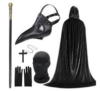 6PCS Plague Doctor Costume Set, Plague Bird Doctor Mask PU Leather Long Nose Bird Beak Steampunk Mask with Black Gloves Hooded Cloak Full Face Covering Cane Necklace for Halloween Costume Cosplay