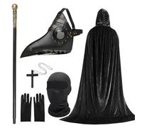 6PCS Plague Doctor Costume Set, Plague Bird Doctor Mask PU Leather Long Nose Bird Beak Steampunk Mask with Black Gloves Hooded Cloak Full Face Covering Cane Necklace for Halloween Costume Cosplay
