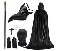 6PCS Plague Doctor Costume Set, Plague Doctor Mask PU Leather Long Nose Bird Beak Steampunk Mask with Black Gloves Hooded Cloak Full Face Covering Cane Necklace for Halloween Costume Cosplay