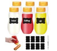 6pcs Plastic Squeeze Condiment Bottles with Cap, 11oz Sauce Bottle with Label, Reusable Ketchup Bottle Squirt Bottles Seasoning Dispensers for Hot Sauce, BBQ, Olive Oil, Salad Dressings (Yellow)
