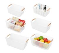6PCS Plastic Storage Baskets, White Bathroom Storage Boxes with Wood Handles, Stackable Kitchen Cupboard Organiser Box, Mesh Storage Box for Office Closet Drawers Shelf Playroom Living Room Toy-3 Size