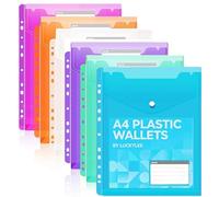 6PCS Plastic Wallets A4 Punched Pockets,A4 Clear Plastic Popper Wallets,6 Colors Envelope Document Folder with Label Pocket,Top Opening Pockets Files Envelope Waterproof for School Office Home