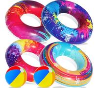 6PCS Pool Floats Kids, 4 Pcs Swim Tubes Rings & 2 Pcs Beach Balls, Inflatable Pool Floaties Water Toys for Swimming Pool Party Kids Adults, Swim Tubes for Beach Swimming Party