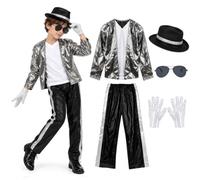 6Pcs Pop Star Costume Kids 80s Musician Costume with Sliver Jacket | 80s Retro silver jacket, pants, hat, glasses and glove, disco outfit, Halloween fancy dress, dance stage cosplay