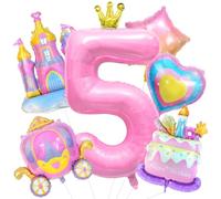 6PCS Princess Birthday Balloons Large Pink Castle Balloon Carriage Balloon Crown Heart Star Cake Foil Balloons for 5th Princess Birthday Girl Party Decorations Supplies Baby Shower Favors