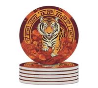 6PCS Prosperity in The Year of The Tiger Coasters Non-Slip Round Drink Coasters with Ceramic Stone and Cork Base, Heat Resistant Absorbent 33.00Stone Coaster Set for Kinds of Mugs and Cups, 4 Inch