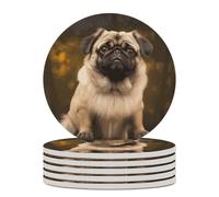6PCS Pug Dog Coasters Non-Slip Round Drink Coasters with Ceramic Stone and Cork Base, Heat Resistant Absorbent 33.00Stone Coaster Set for Kinds of Mugs and Cups, 4 Inch