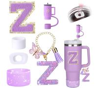 6PCS Purple Cup Accessories Set for Stanley Cup Including Straw Topper Cover Cap and Boot Spill Proof Stopper Handle Charm Initials Sticker Stanley-Charms for Stanley Cup 40 oz/30 oz (Purple)