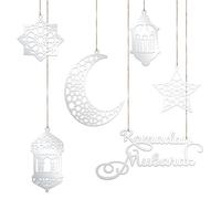 6pcs Ramadan Ornaments, Acrylic Ramadan Kareem Decoration Eid Mubarak Pendant Wind Light Moon Star Shaped Ramadan Decor for Hanging on Walls Windows Trees (Silver)