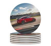 6PCS Rapid Sports Car Coasters Non-Slip Round Drink Coasters with Ceramic Stone and Cork Base, Heat Resistant Absorbent 33.00Stone Coaster Set for Kinds of Mugs and Cups, 4 Inch