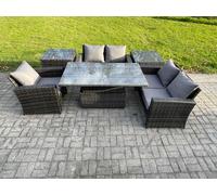 Fimous 6pcs Rattan Outdoor Garden Furniture Set Height Adjustable Rising Lifting Table Sofa Dining Set with 2 Side Tables Dark Grey Mixed