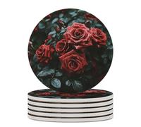 6PCS Red and Black Rose Coasters Non-Slip Round Drink Coasters with Ceramic Stone and Cork Base, Heat Resistant Absorbent 33.00Stone Coaster Set for Kinds of Mugs and Cups, 4 Inch