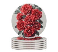 6PCS Red Rose Flower Cluster Coasters Non-Slip Round Drink Coasters with Ceramic Stone and Cork Base, Heat Resistant Absorbent 33.00Stone Coaster Set for Kinds of Mugs and Cups, 4 Inch