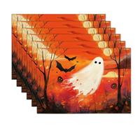 6Pcs Red White Bat Ghost Placemat For Kitchen Dining Table 45X30Cm Meal Place Mats Oil Painting Art Washable Fabric Decoration Dining Mat Halloween Placemats
