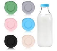 6Pcs Replacement Milk Tops - 48mm Diameter Silicone Mixed Tops, 6 Colors Colorful Glass Milk Bottle Lids, Leakproof Reusable Silicone Lids, Milk Bottle Tops for Stanpac & Libbey Milk Glass Bottles
