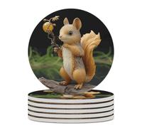 6PCS Resin Squirrel Coasters Non-Slip Round Drink Coasters with Ceramic Stone and Cork Base, Heat Resistant Absorbent 33.00Stone Coaster Set for Kinds of Mugs and Cups, 4 Inch