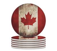 6PCS Retro Canada Flag Coasters Non-Slip Round Drink Coasters with Ceramic Stone and Cork Base, Heat Resistant Absorbent 33.00Stone Coaster Set for Kinds of Mugs and Cups, 4 Inch