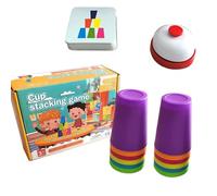 6Pcs Reusable Plastic Cups, Cup Stacking Game, Colorful Cup Stackings Set With Bell and 50 Cards, Speed Cup Game For Kids, Quick Stack Cup With Question Cards & Stack Competition For For Training