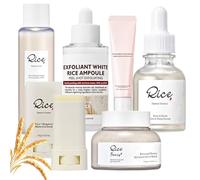 6PCS Rice Skin Care Sets, Korean Glass Skin Kit, Skincare Gifts for Teenage Girls, Rice Exfoliant Ampoule, Rice & Honey Mask, Face Toner, Sunscreen Stick, Glow Serum, Eye Cream, Hydrate, Repair
