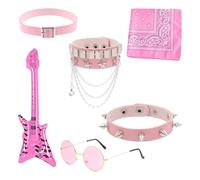 6Pcs RockStar Fancy Costume Kit, 80s90s Rockstar Fancy Dress Rockstar Accessories Kids, Sunglasses Bandana Necklace Inflatable Guitar, Rock Star Costume Boys and Girls (Pink)
