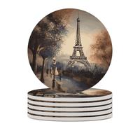 6PCS Romantic Paris Eiffel Tower Coasters Non-Slip Round Drink Coasters with Ceramic Stone and Cork Base, Heat Resistant Absorbent 33.00Stone Coaster Set for Kinds of Mugs and Cups, 4 Inch