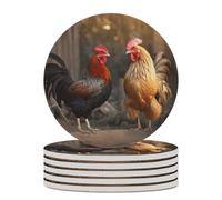 6PCS Rooster and Chicken Coasters Non-Slip Round Drink Coasters with Ceramic Stone and Cork Base, Heat Resistant Absorbent 33.00Stone Coaster Set for Kinds of Mugs and Cups, 4 Inch