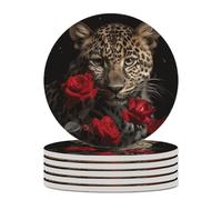 6PCS Rose Leopard Coasters Non-Slip Round Drink Coasters with Ceramic Stone and Cork Base, Heat Resistant Absorbent 33.00Stone Coaster Set for Kinds of Mugs and Cups, 4 Inch