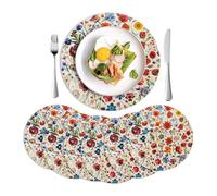 6Pcs Round Floral Placemats, European Meadow Wildflowers Design on Cream Background