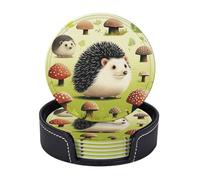 6Pcs Round Leather Coasters Hedgehog for Drinks Non-Slip Mugs Pads with Holder Personalized Cups Mat for Coffee Table Kitchen