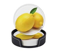 6Pcs Round Leather Coasters Lemon for Drinks Non-Slip Mugs Pads with Holder Personalized Cups Mat for Coffee Table Kitchen