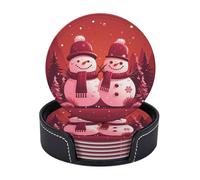 6Pcs Round Leather Coasters Two Snowmen Together for Drinks Non-Slip Mugs Pads with Holder Personalized Cups Mat for Coffee Table Kitchen