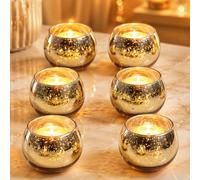 6pcs Round Mercury Glass Votive Candle Holders - Elegant Gold Tealight Candle Holders for Table Centerpieces, Weddings, Rehearsal Dinners, Halloween & Thanksgiving Decorations Indoor (Gold)
