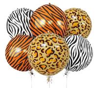 6PCS Safari Animal Pattern Balloons, 22Inch Large Foil Round Balloons Giraffe Zebra Leopard Print for Woodland Baby Shower Zoo Safari Jungle Theme Birthday Party Decorations
