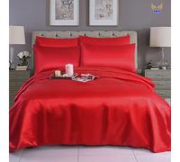 6PCS Satin Duvet Cover Bedding Set Plain Luxury Soft Bed Set Include (1xDuvet Cover, 1xFitted Sheet, 4xHousewife Pillow Case) (King, Red)-(Same Day Dispatch)