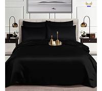 6PCS Satin Duvet Cover Bedding Set Plain Luxury Soft Bed Set Include (1xDuvet Cover, 1xFitted Sheet, 4xHousewife Pillow Case) (King, Black)-(Same Day Dispatch)