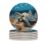 6PCS Sea Conch Shell Starfish Turtle Coasters Non-Slip Round Drink Coasters with Ceramic Stone and Cork Base, Heat Resistant Absorbent 33.00Stone Coaster Set for Kinds of Mugs and Cups, 4 Inch