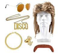 6PCS Set 80s Wig for Men,Mullet Wig,for Halloween,Retro Rock Party | Funny Wig Curly,Adult Wigs Dress Up,70s 80s Party Accessory