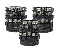 6Pcs/Set Black Leather Bracelet Adjustable Braided Soft Elastic Goth Bracelets Rock Punk Halloween Skull Bracelet for Men Women Gift