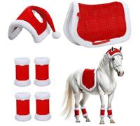 6Pcs/Set Christmas Costumes Includes Christmas Santa Red Horse Hat, 4pcs Horse Leg Wraps & Saddle, Soft Thick Plush Xmas Costumes for Horses Decor