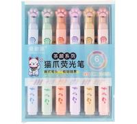 6Pcs/Set Colour mixture Double Head Highlighters, Japanese Fluorescent Pen, Vintage Highlighter, Candy Color Graffiti Pen, Cat Paw Shape Points Marker Liquid Highlighters Office School Supplies