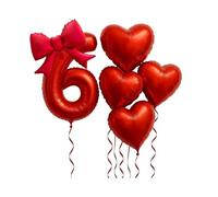6PCS/set Red Heart Foil Balloons Set With Tassels For Birthday Wedding Anniversary Elegant Decor(Number 6)