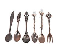 6Pcs Set Vintage Royal Metal Mini Coffee Spoons and Fork, Kitchen Fruit Coffee Accessories, Forks and Spoons Set, Food Grade Flatware Cutlery Set for Home, Kitchen and Restaurant(Red Bronze)
