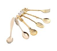 6pcs/Set Zinc Alloy Tableware Retro Carved Tableware with Pattern Coffee Ice Cream Fruit Dessert Spoons and Fork for Home Restaurant(Golden)